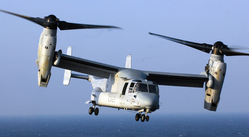 オスプレイ＝通常の固定翼モードで高速飛行、垂直離着陸モードではヘリコプターのように垂直離着陸、ホバリングも出来る